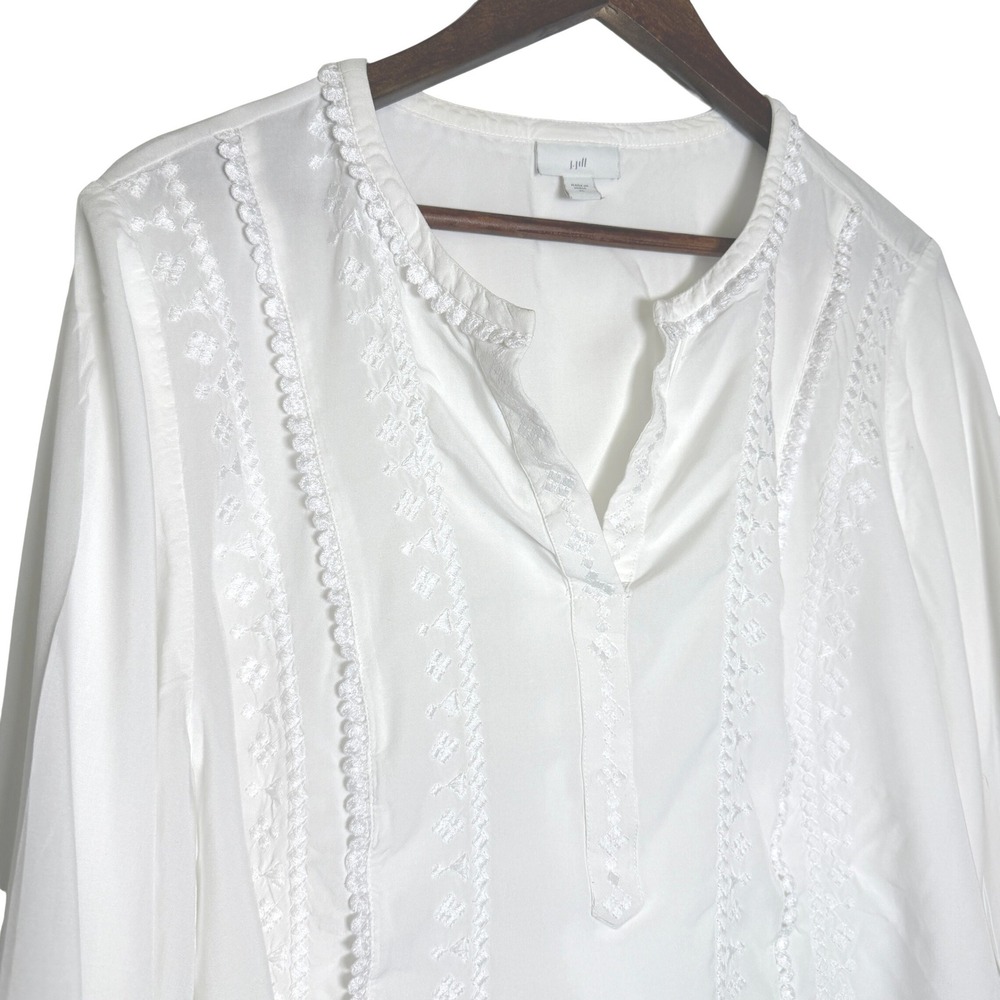 J. Jill White Embroidered Viscose Rayon Peasant Blouse XL 3/4 Sleeve WTP194531